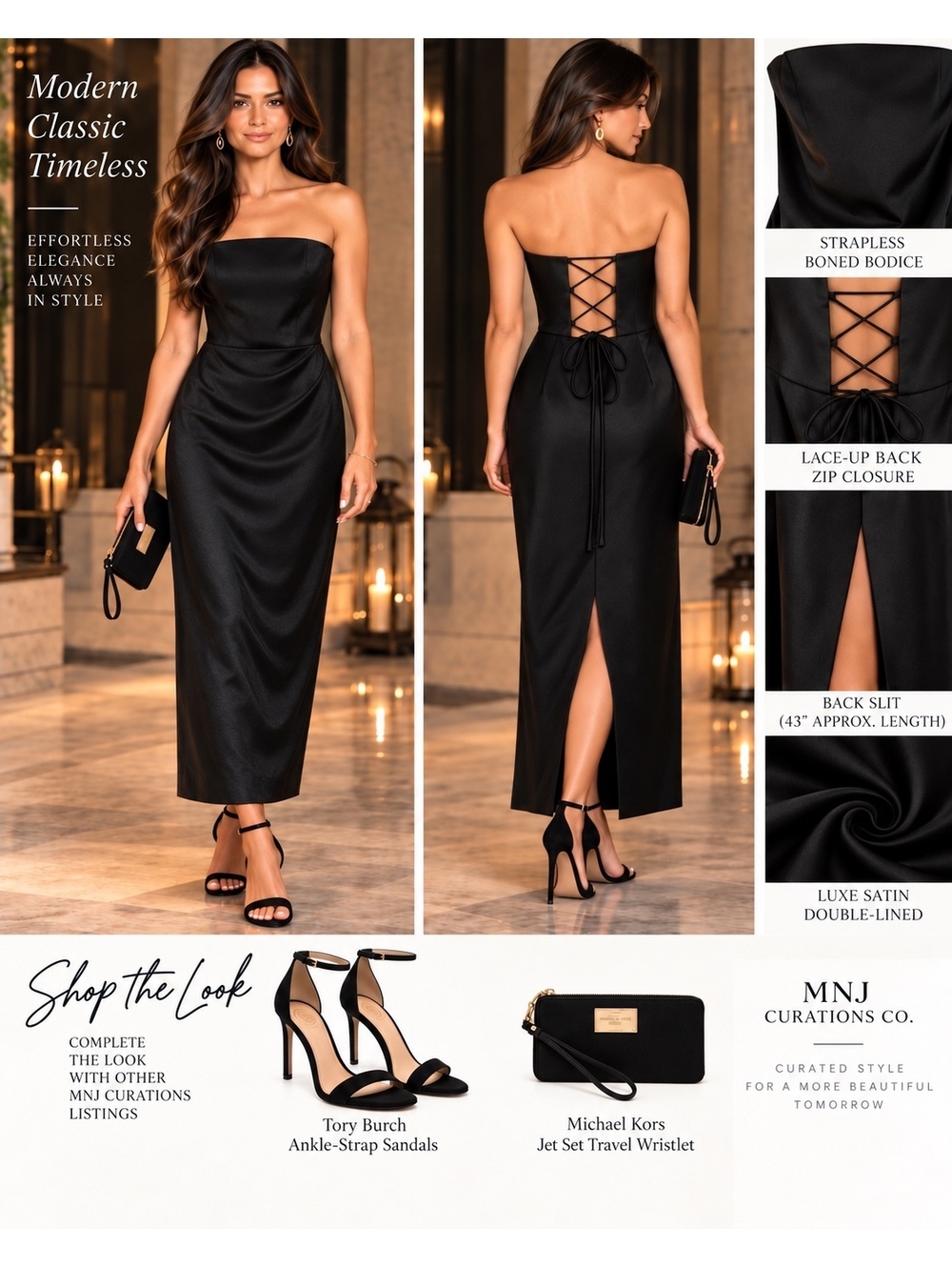 OAK + FORT Black Satin Strapless Corset Lace-Up Midi Dress XS
